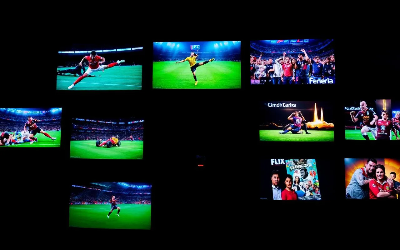 Mosaico de canais de esportes, filmes e séries disponíveis na IPTV 10 REAIS